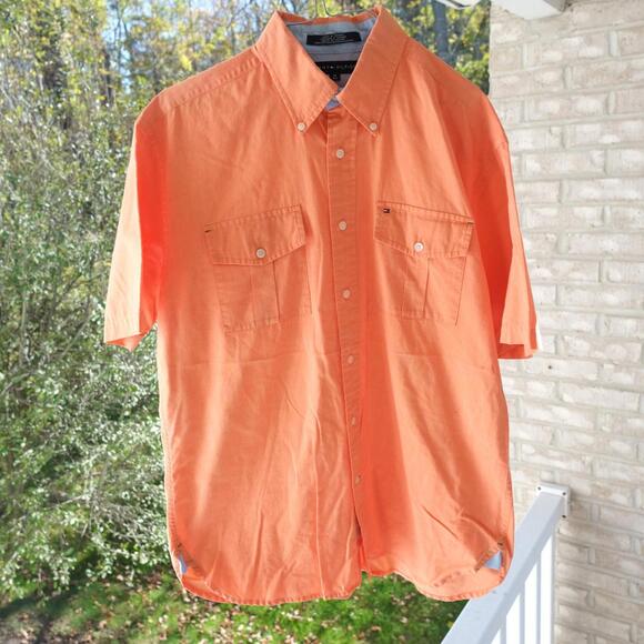 Tommy Hilfiger Shirt Mens Medium Button-Up Orange Short Sleeve - Picture 2 of 6